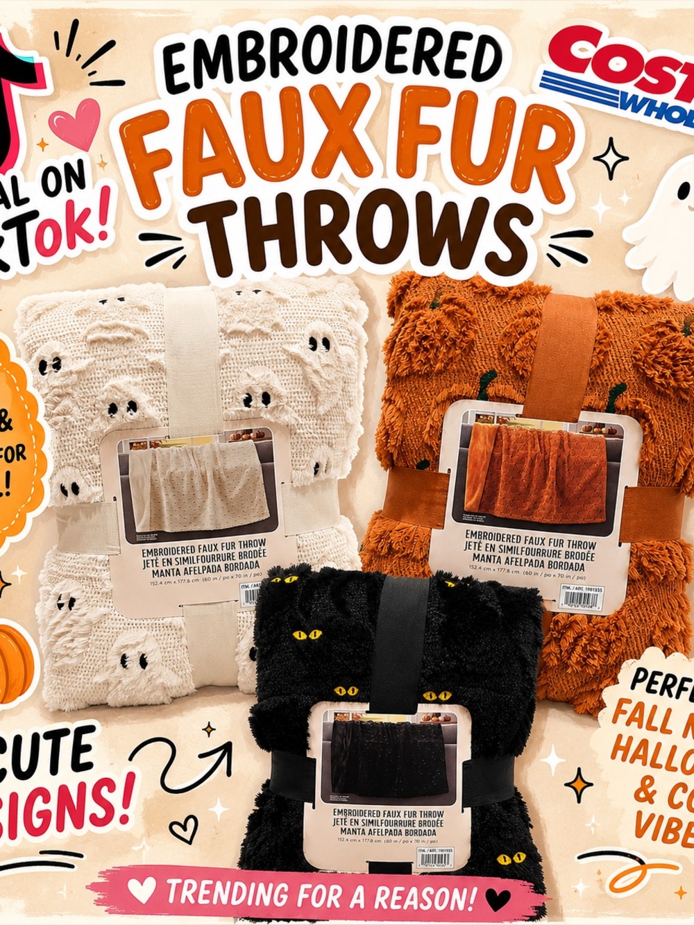 VIRAL Set of ALL 3 Costco Cozy Embroidered Faux Fur Throw Halloween Ghost Cat